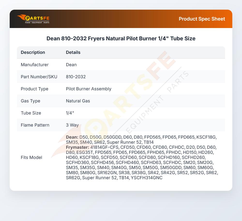 Dean 810-2032 Fryers Natural Pilot Burner 1/4" Tube Size