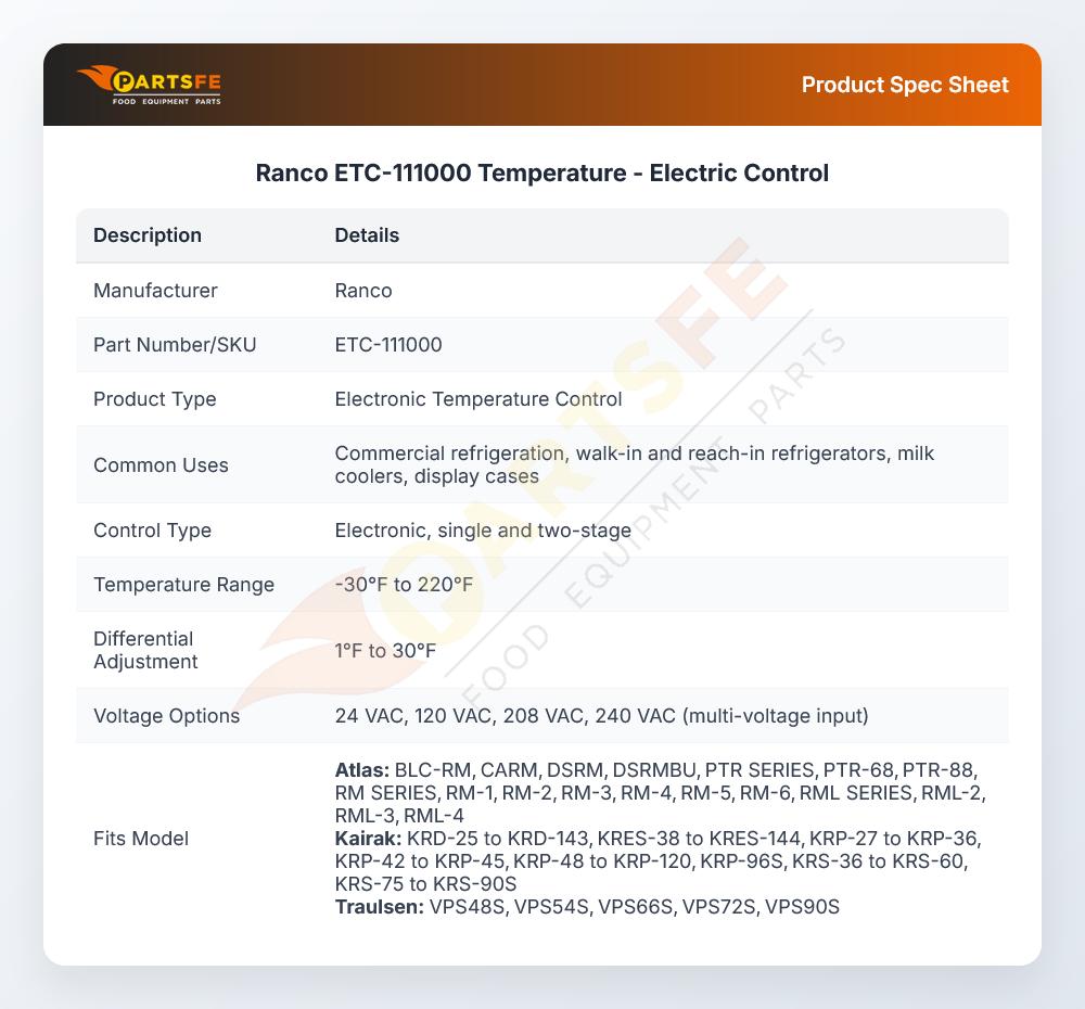Ranco ETC-111000 Electric Temperature Control Single Stage 120/240V