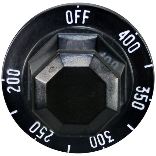 Vulcan Hart 00-711328 Black Thermostat Knob W/White Printed Numbers, 2" DIA, OFF-400-200F, Mount .187", Flat Down