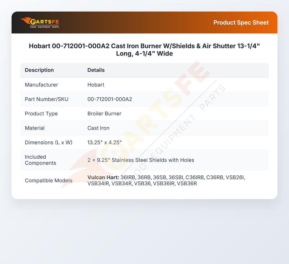 Hobart 00-712001-000A2 Burner Cast Iron 13-1/4" X 4-1/4"