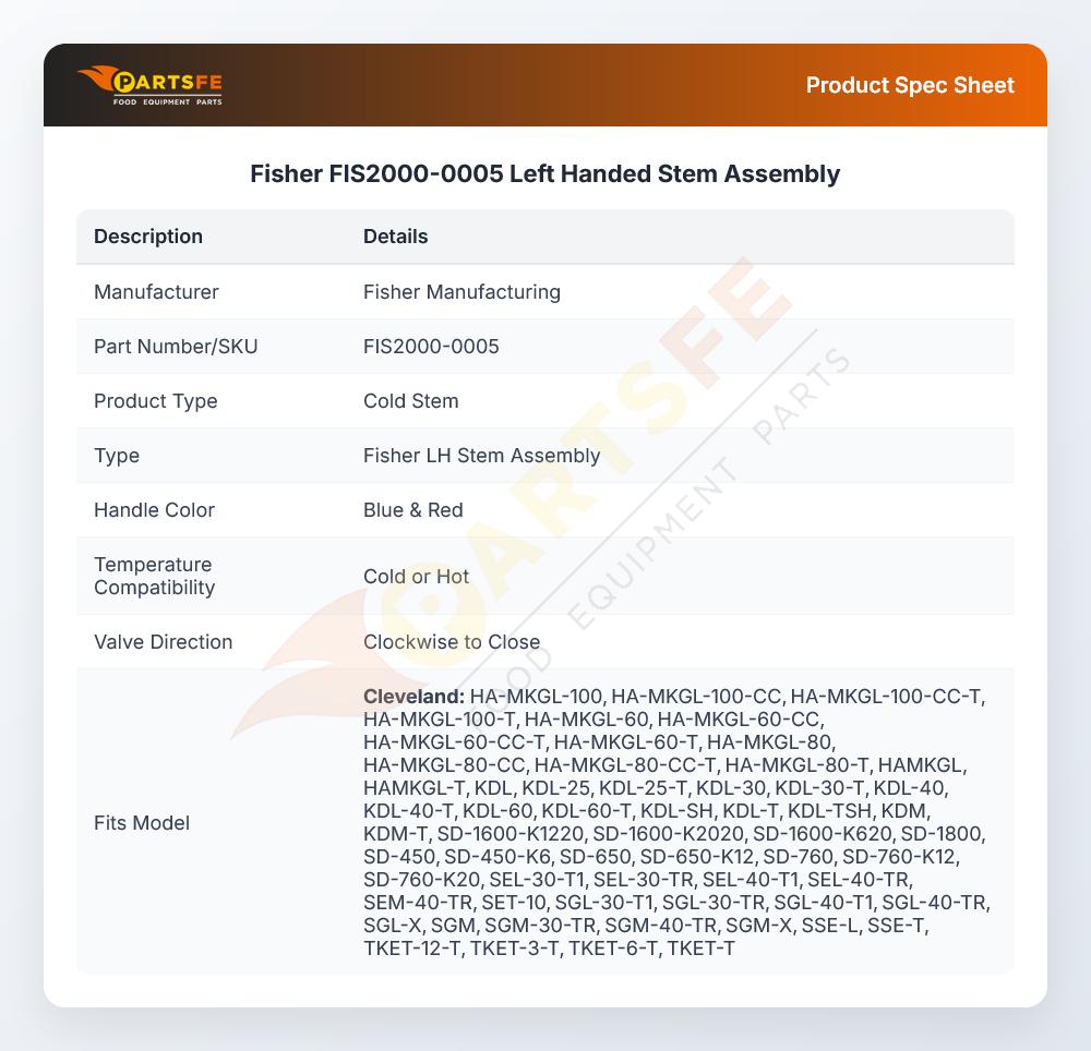 Fisher FIS2000-0005 Left Handed Stem Assembly