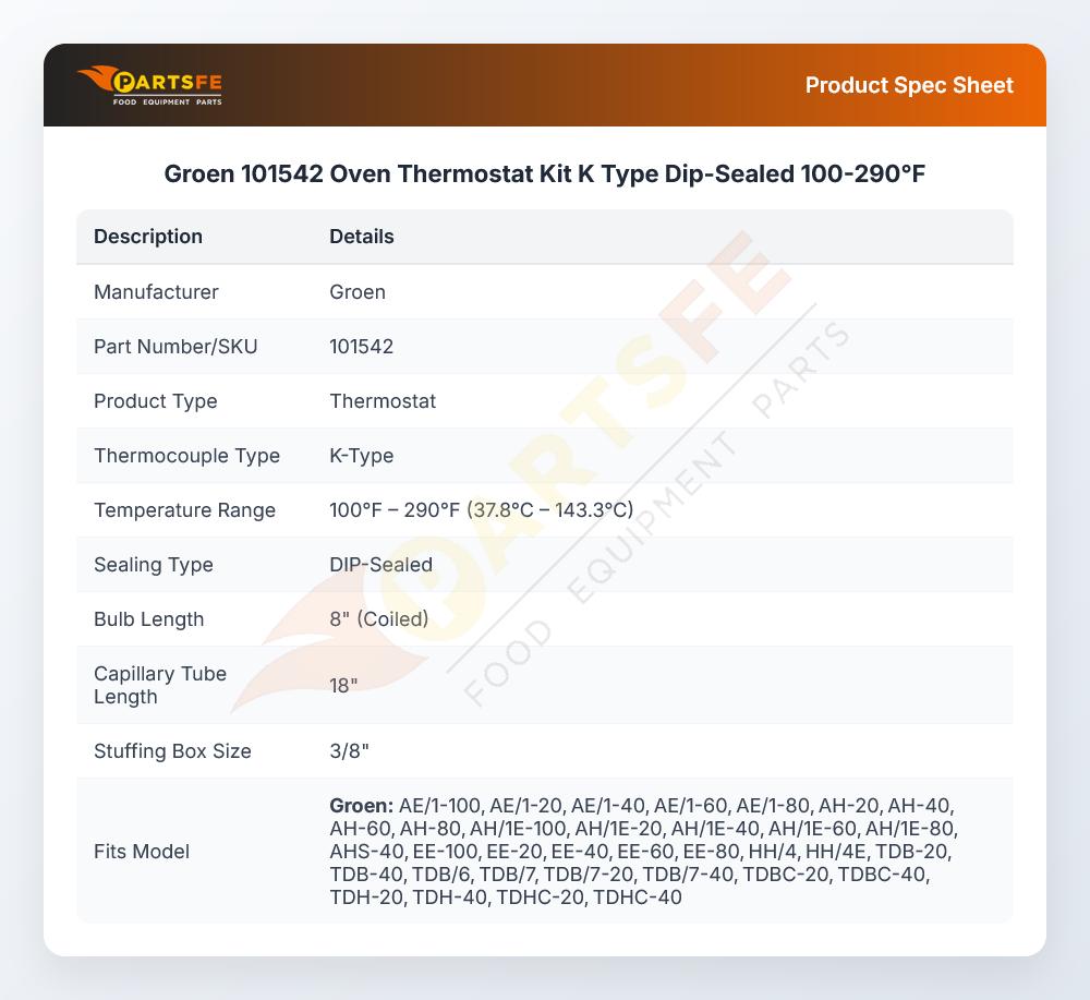 Groen 101542 Oven Thermostat Kit K Type Dip-Sealed 100-290&deg;F