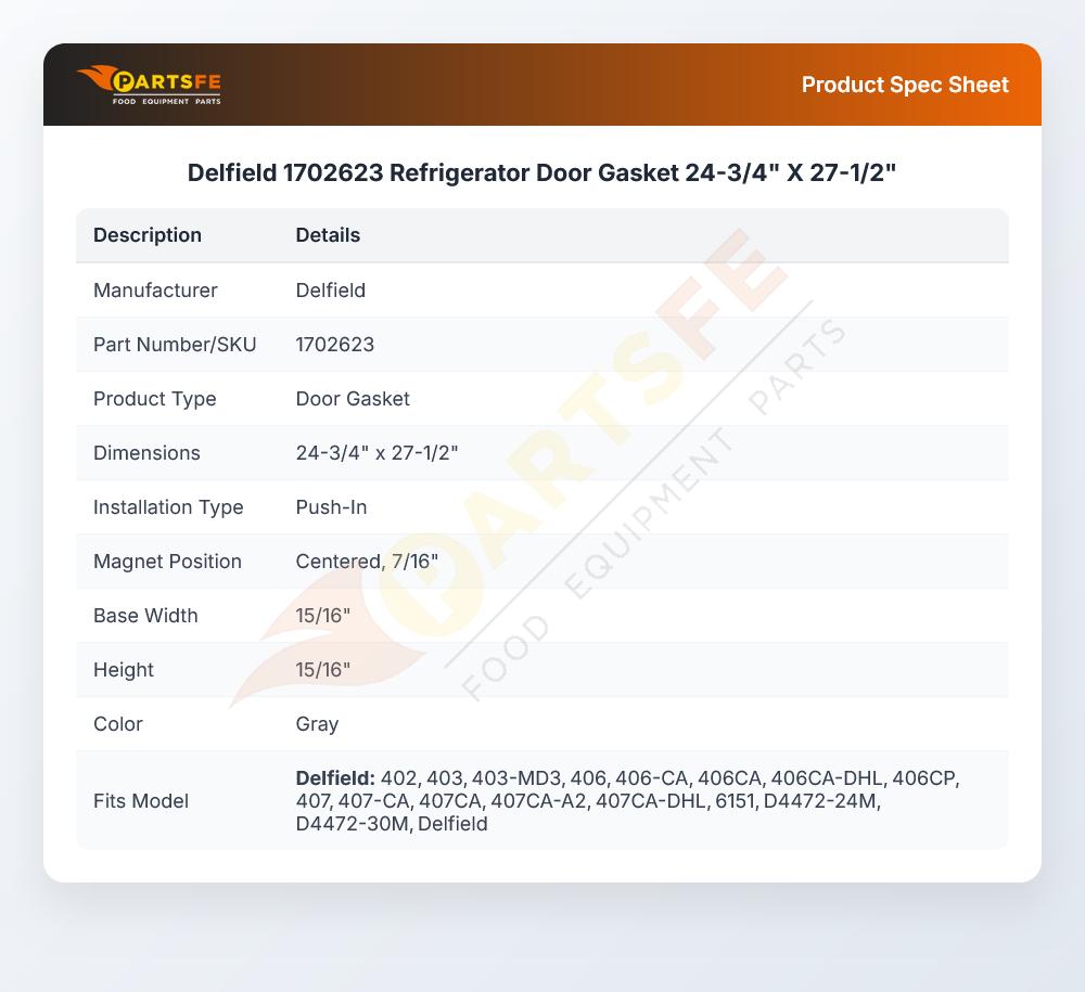 Delfield 1702623 Refrigerator Door Gasket 24-3/4" X 27-1/2"