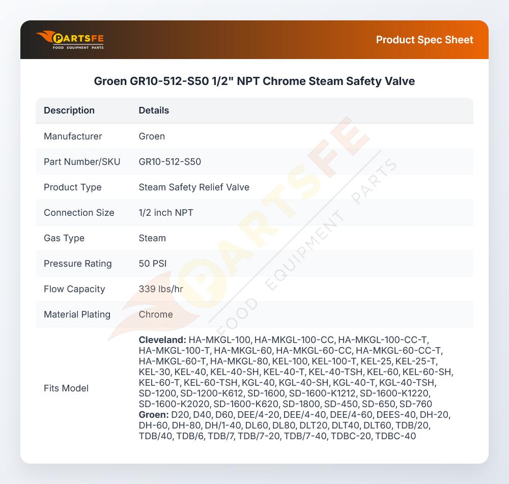 Groen GR10-512-S50 Steam Safety Relief Valve 1/2" NPT Chrome