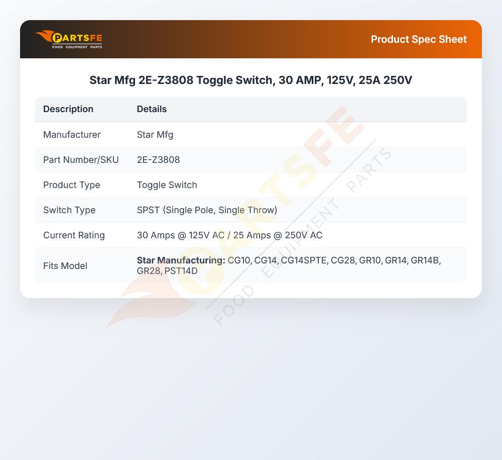Star Mfg 2E-Z3808 Toggle Switch 30A 125V X 25A 250V