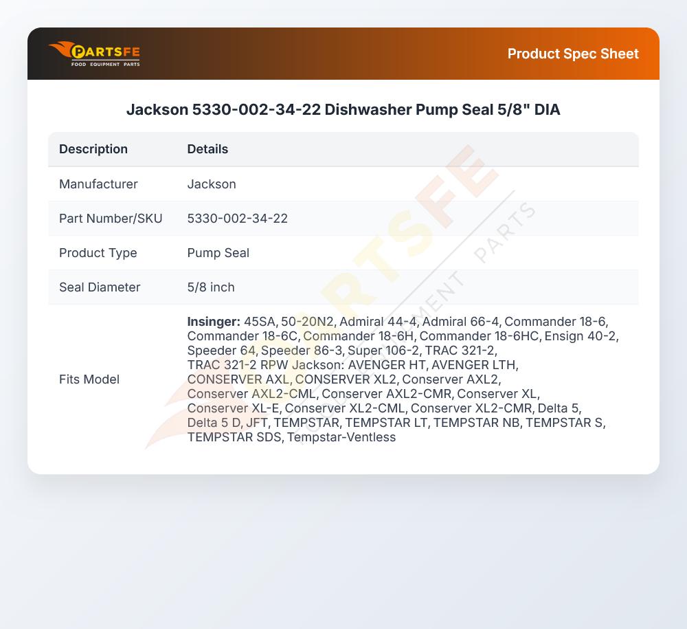 Jackson 5330-002-34-22 Dishwasher Pump Seal 5/8" DIA