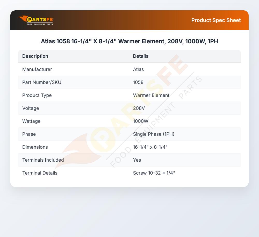 Atlas 1058 16-1/4" X 8-1/4"  Warmer Element, 208V, 1000W, 1PH