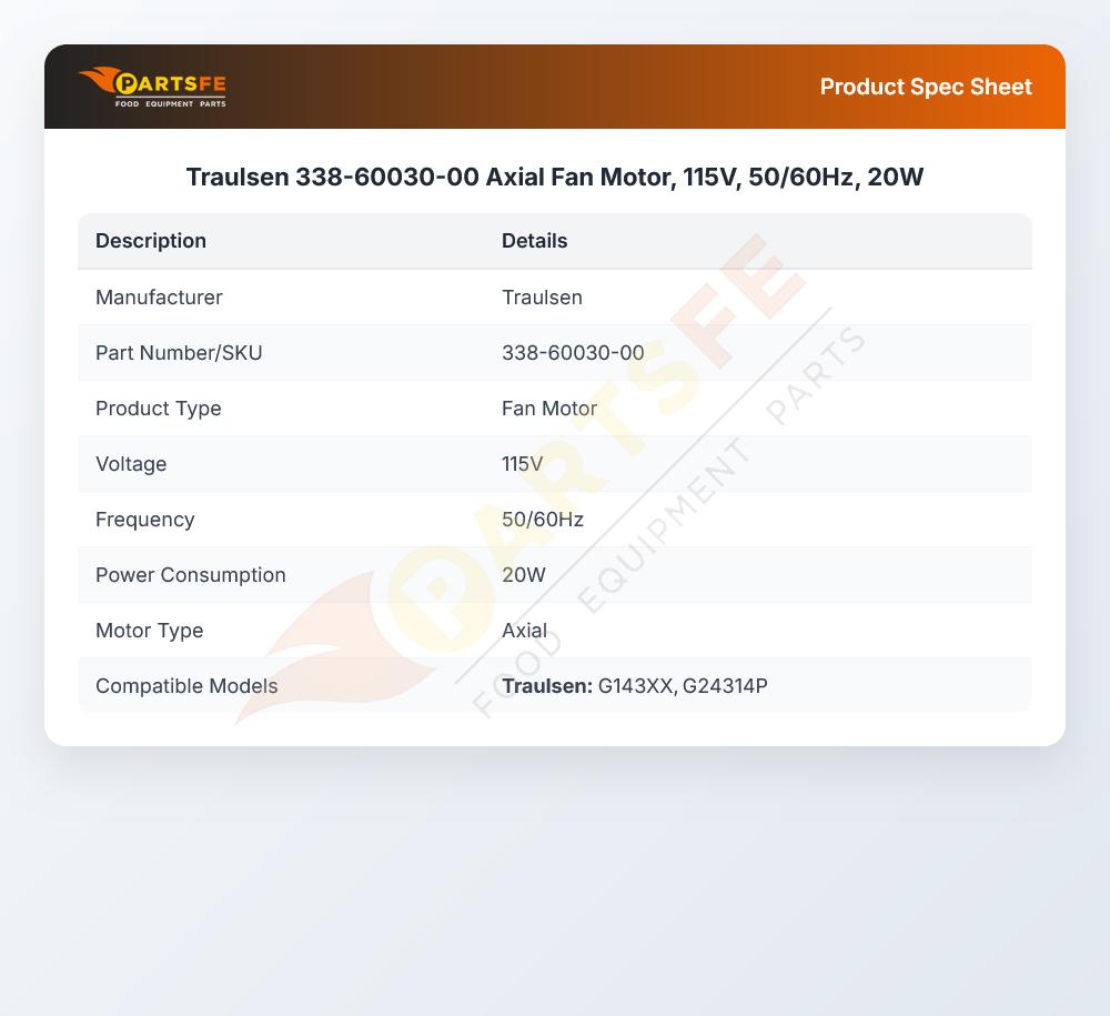 Traulsen 338-60030-00 Axial Fan Motor 20W 115V 50/60Hz