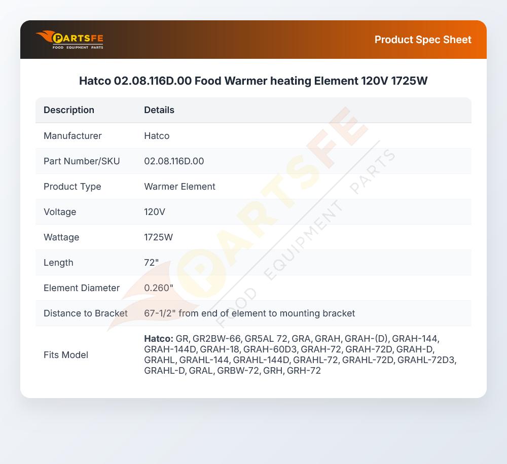 Hatco 02.08.116D.00 Food Warmer Heating Element 1725W 120V