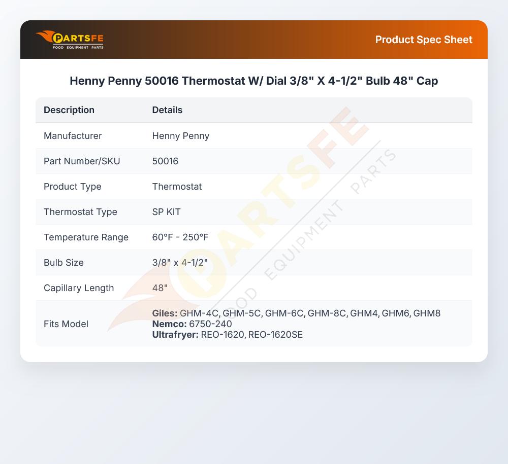 Henny Penny 50016 Thermostat W/ Dial 3/8" X 4-1/2" Bulb 48" Cap