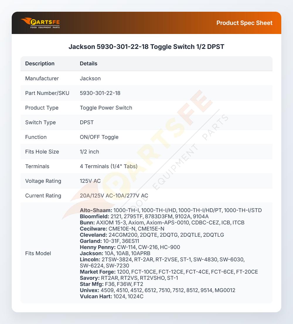 Jackson 5930-301-22-18 Dishmachine Toggle Switch DPST 4-Pins 1/2"