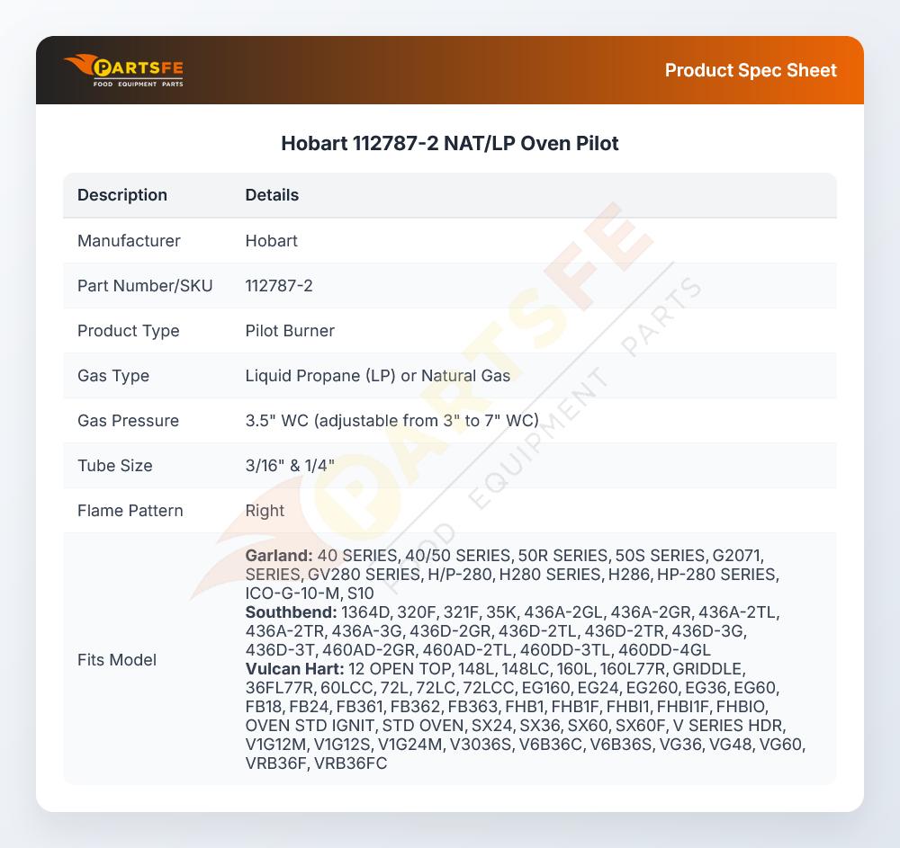 Hobart 112787-2 NAT/LP Oven Pilot