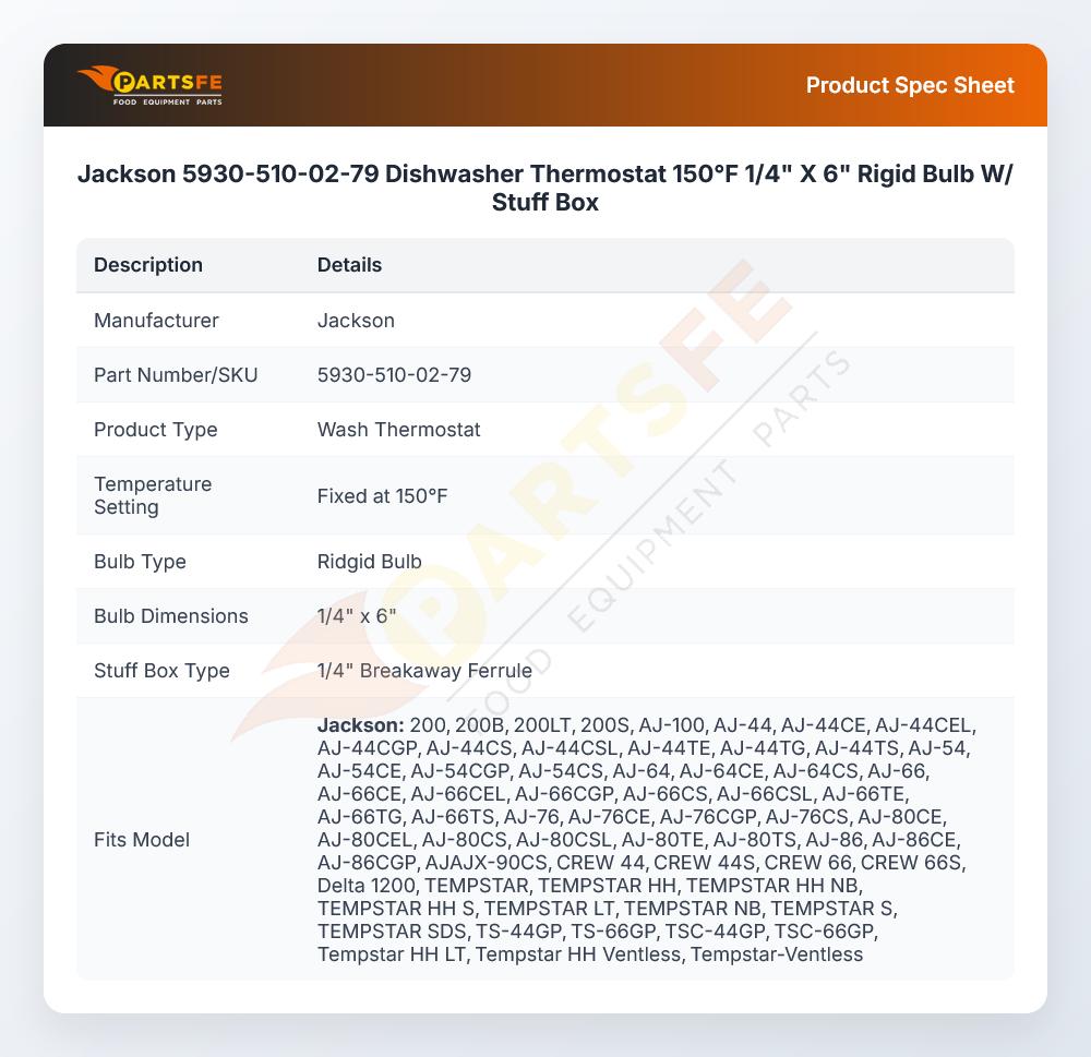 Jackson 5930-510-02-79 Dishwasher Thermostat 150&deg;F 1/4" X 6" Rigid Bulb W/ Stuff Box