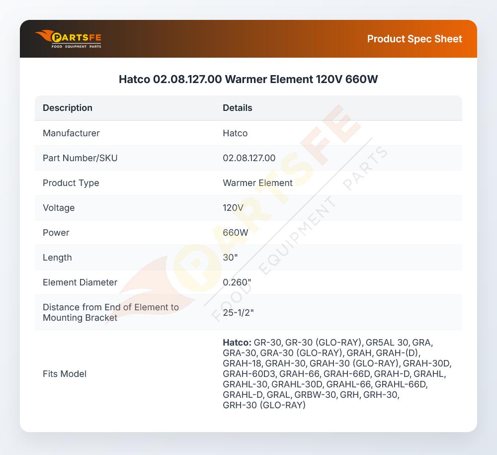 Hatco 02.08.127.00 Warmer Element 120V 660W