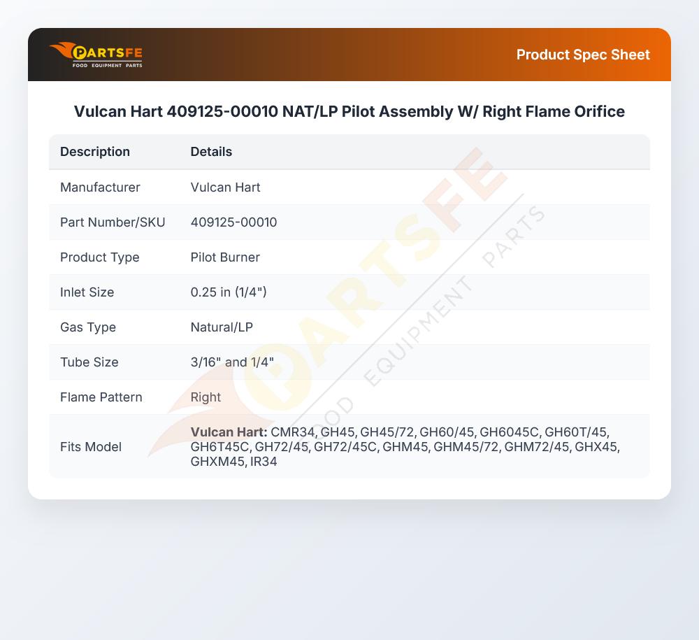 Vulcan Hart 409125-00010 NAT/LP Pilot  Assembly W/ Right Flame Orifice