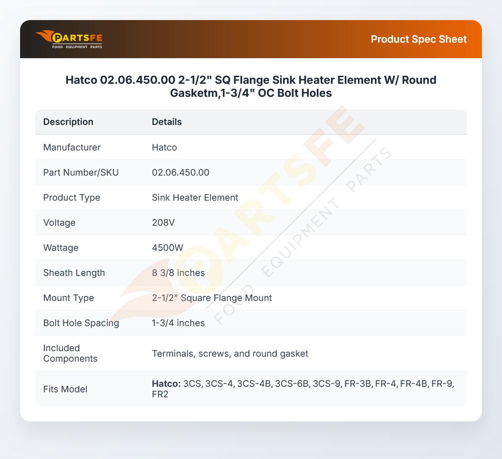 Hatco 02.06.450.00 2-1/2" SQ Flange Sink Heater Element W/ Round Gasketm,1-3/4" OC Bolt Holes