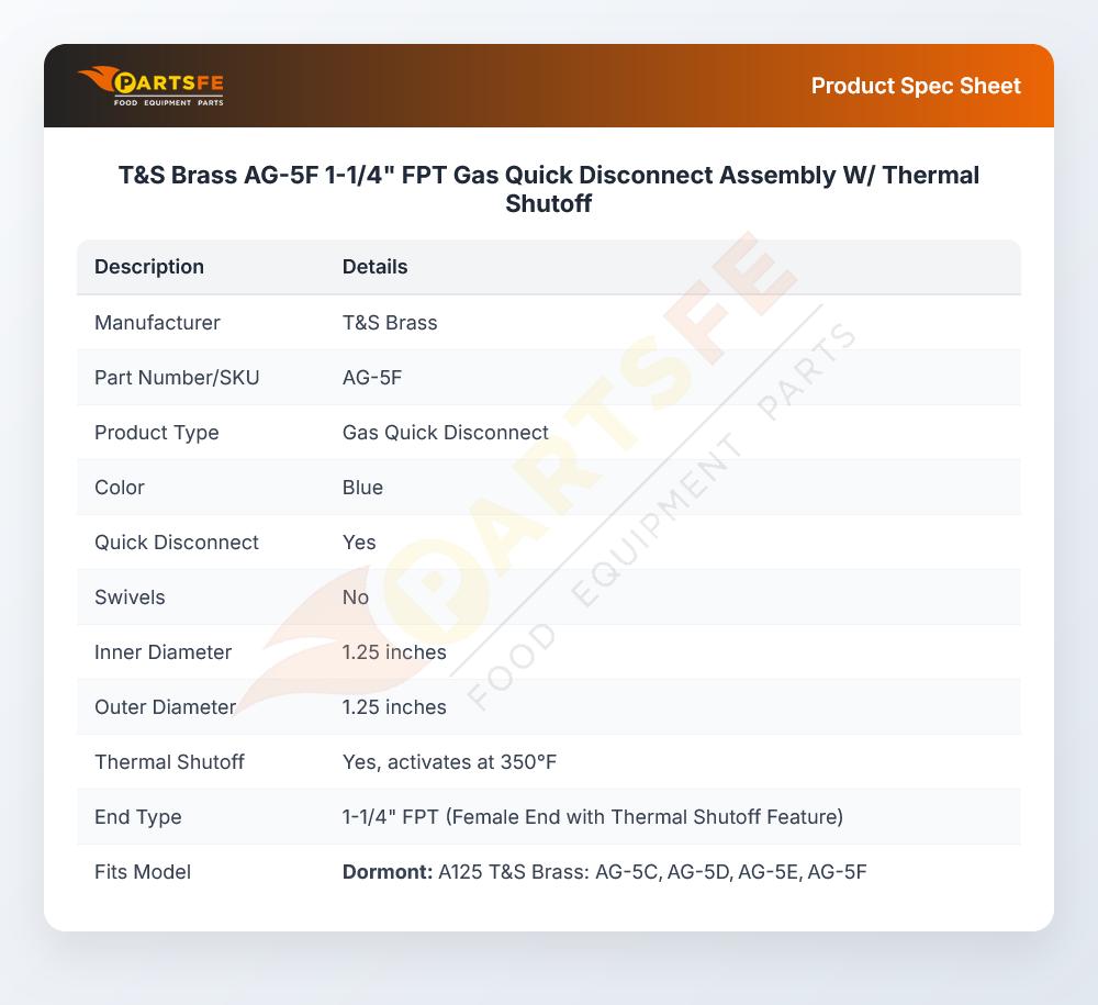 T&S Brass AG-5F Gas Quick Disconnect Assembly W/Thermal Shutoff 1-1/4" FPT
