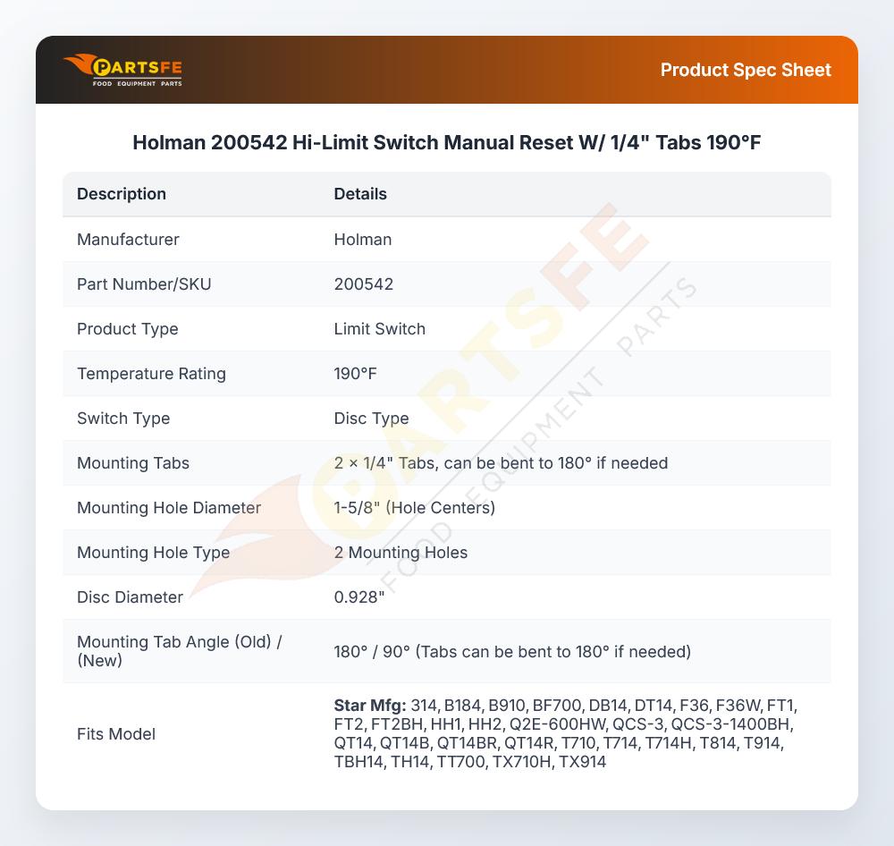 Holman 200542 Hi-Limit Switch Manual Reset W/ 1/4" Tabs 190&deg;F