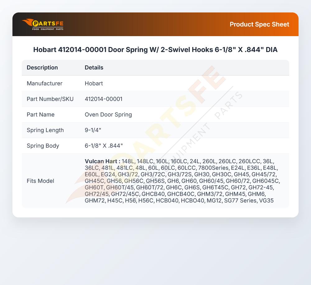 Hobart 412014-00001 Door Spring W/ 2-Swivel Hooks 6-1/8" X .844" DIA