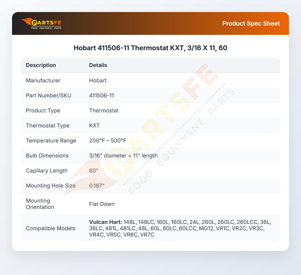 Hobart 411506-11 Thermostat KXT, 3/16 X 11, 60