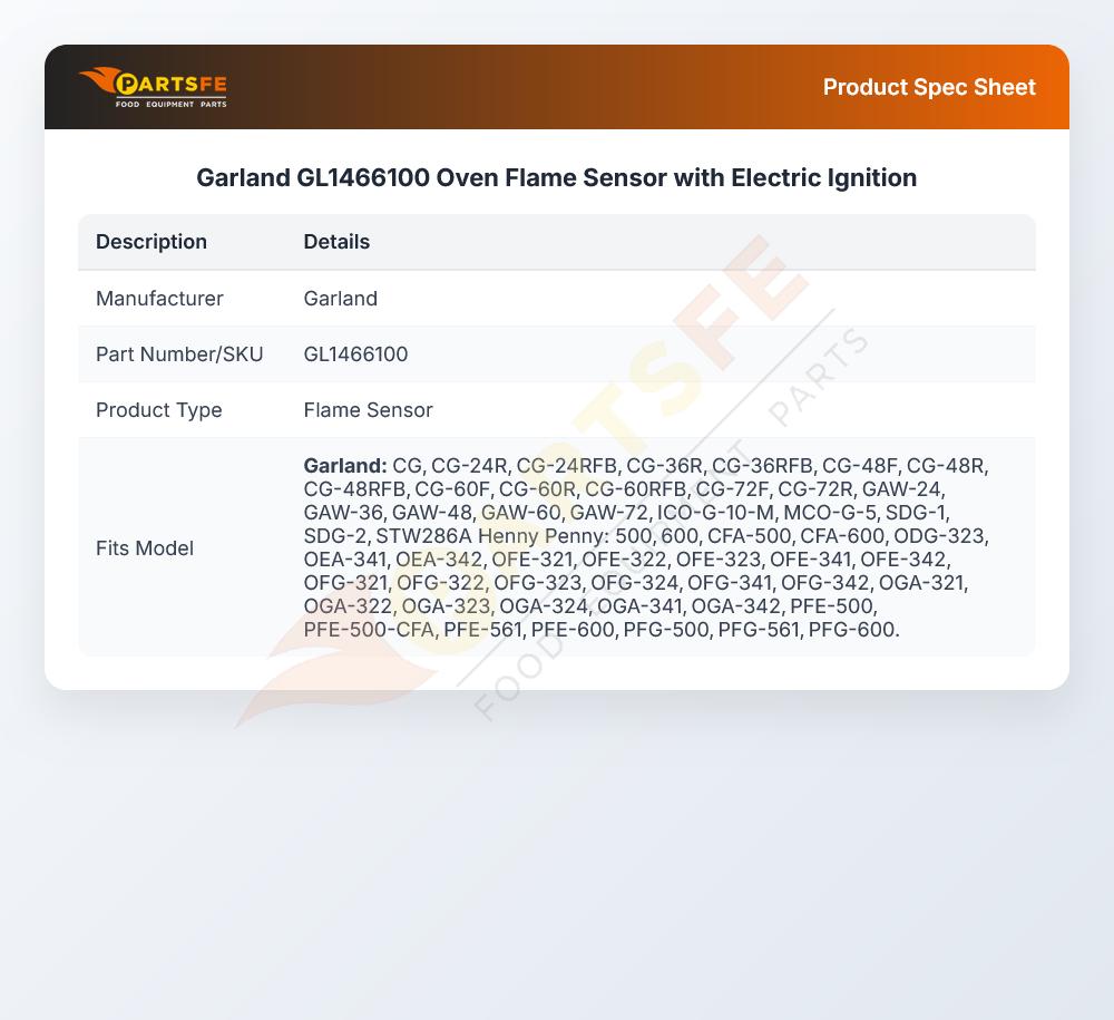 Garland GL1466100 Oven Flame Sensor with Electric Ignition