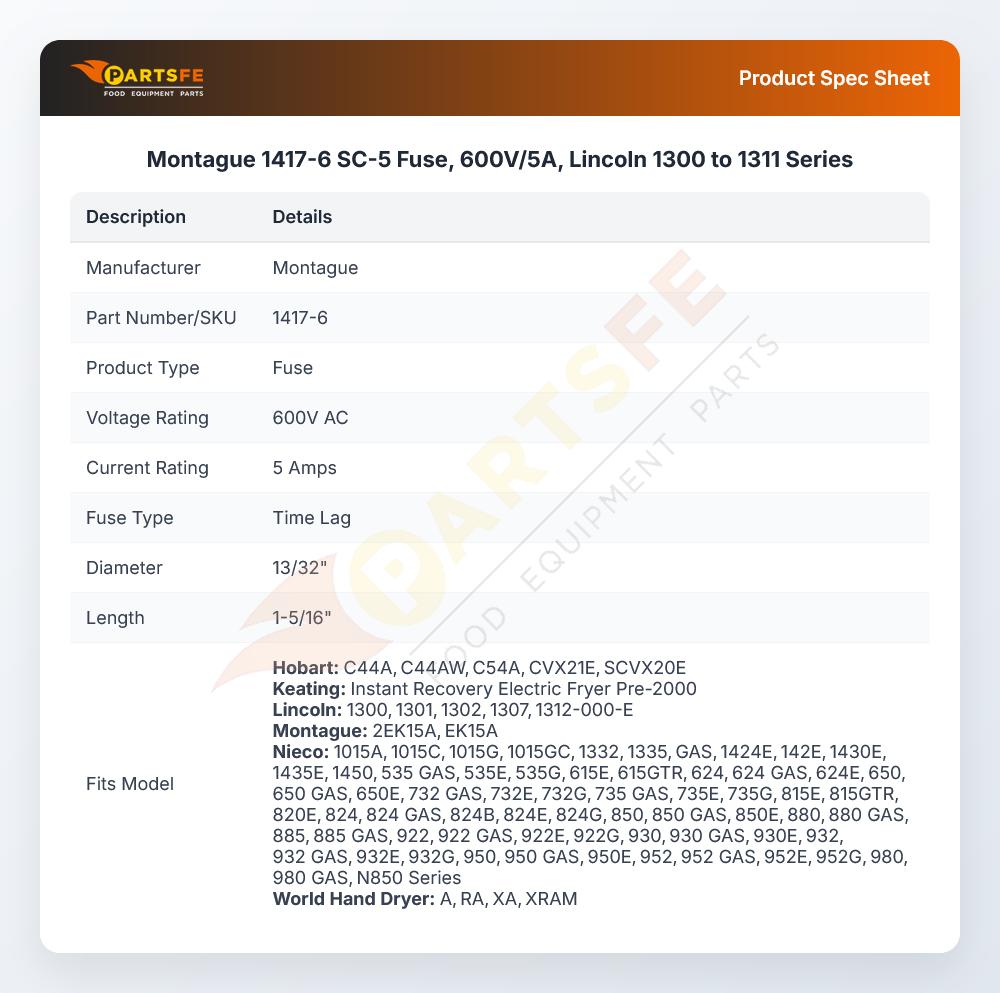 Montague 1417-6 SC-5 Fuse, 600V/5A, Lincoln 1300 to 1311 Series