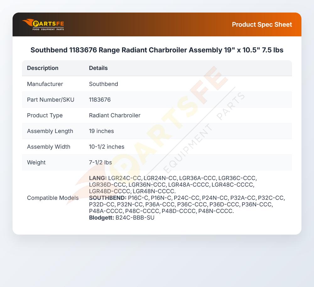 Southbend 1183676 Range Radiant Charbroiler Assembly 19" x 10.5" 7.5 lbs