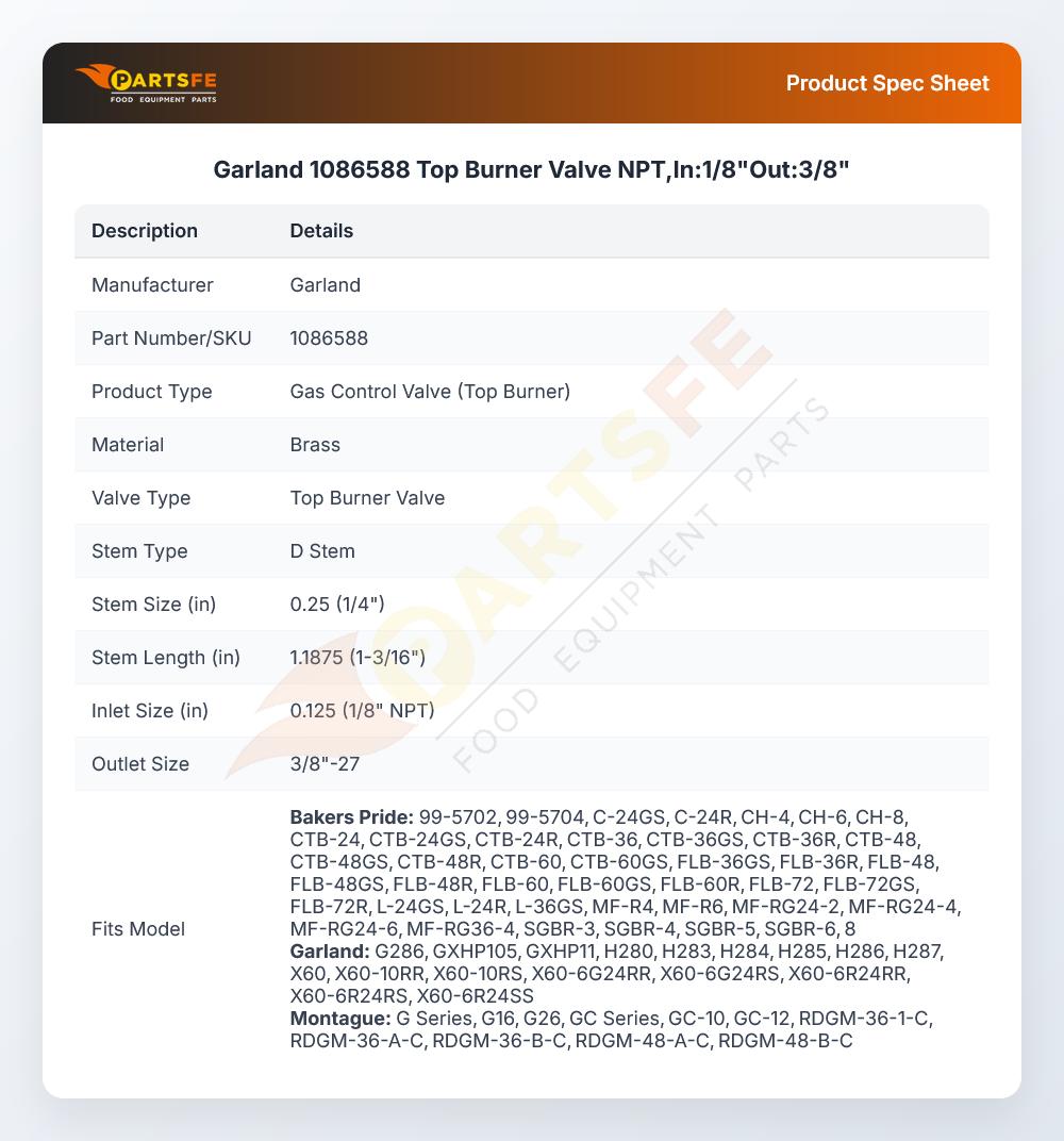 Garland 1086588 Top Burner Valve NPT,In:1/8"Out:3/8"