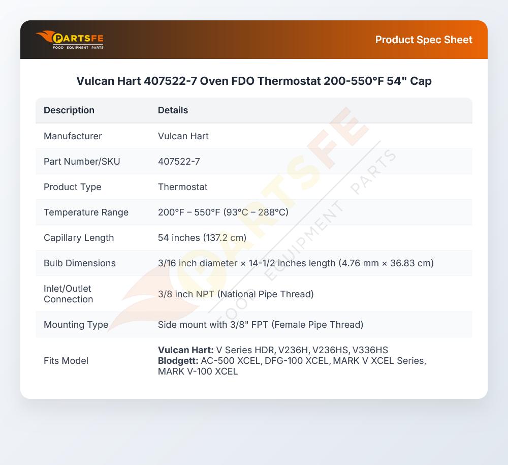 Vulcan Hart 407522-7 Oven FDO Thermostat 200-550&deg;F 54" Cap