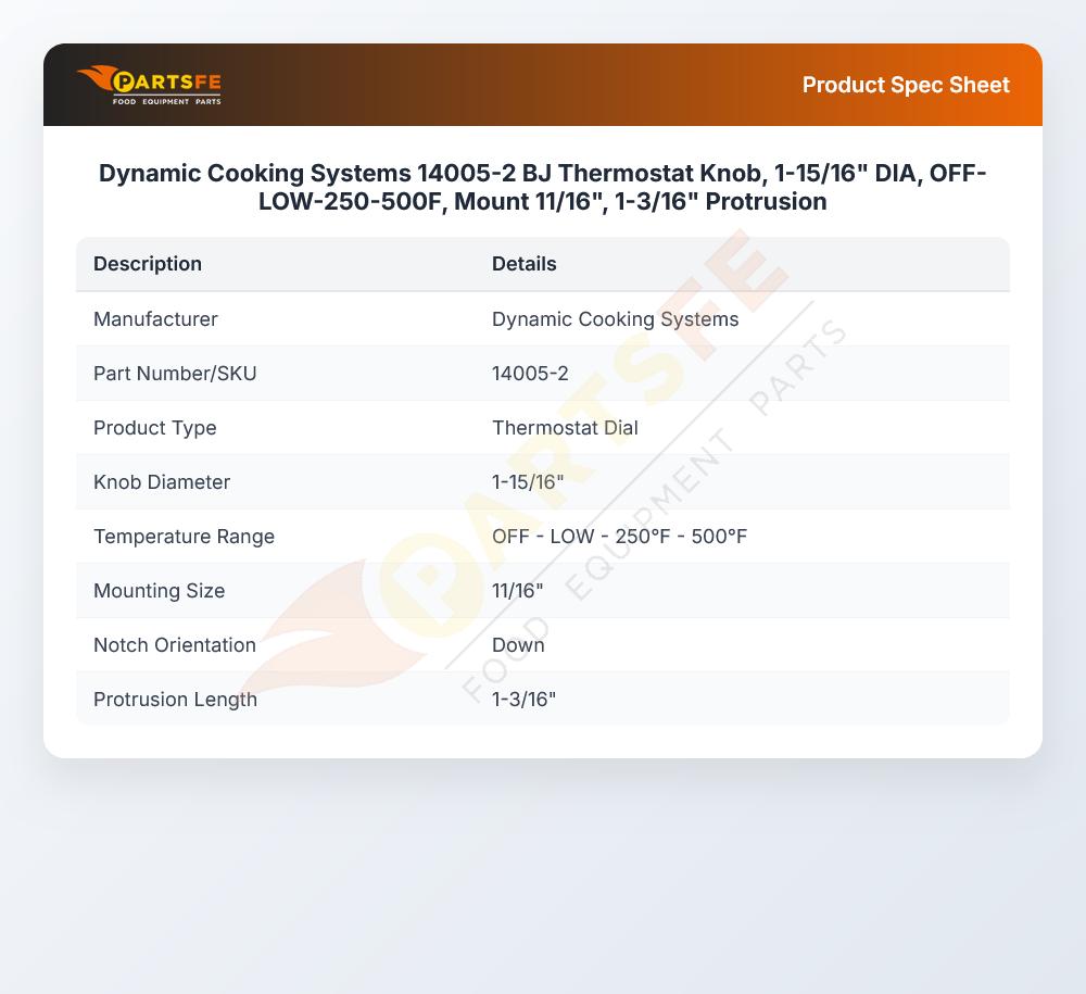Dynamic Cooking Systems 14005-2 BJ Thermostat Knob, 1-15/16" DIA, OFF-LOW-250-500F, Mount 11/16", 1-3/16" Protrusion