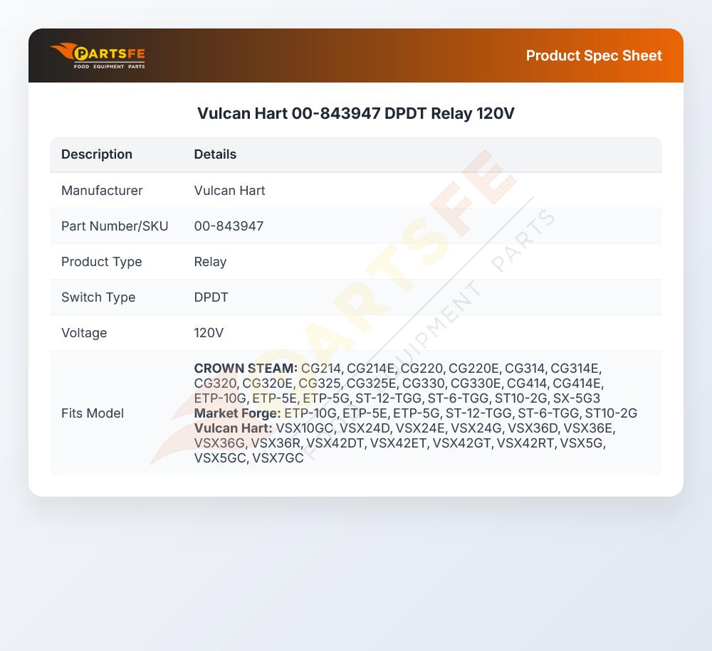 Vulcan Hart 00-843947 DPDT Relay 120V