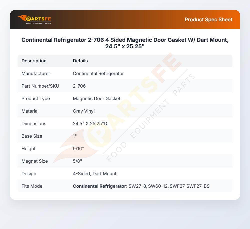 Continental Refrigerator 2-706 Magnetic Door Gasket W/Dart Mount 4-Sided 24.5" X 25.25"