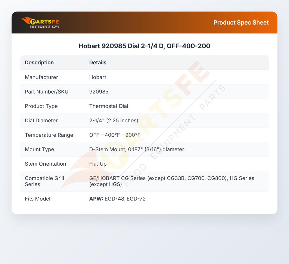 Hobart 920985 Dial 2-1/4 D, OFF-400-200