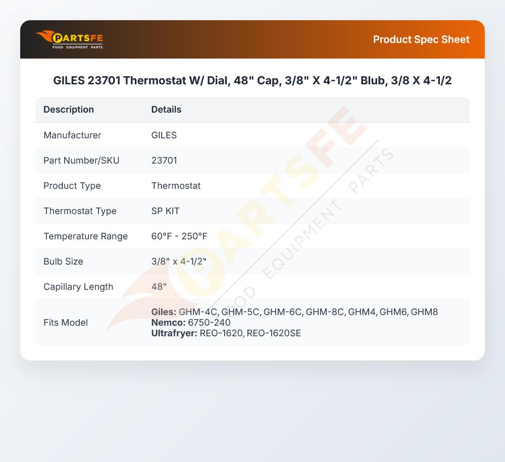GILES 23701 Thermostat 3/8" X 4-1/2" 60-250&deg;F 208-240V 48" Capillary