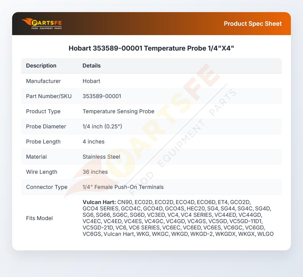Hobart 353589-00001 Temperature Probe 1/4"X4"