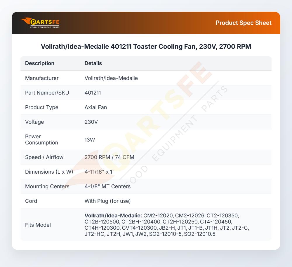 Vollrath/Idea-Medalie 401211 Toaster Cooling Fan, 230V, 2700 RPM