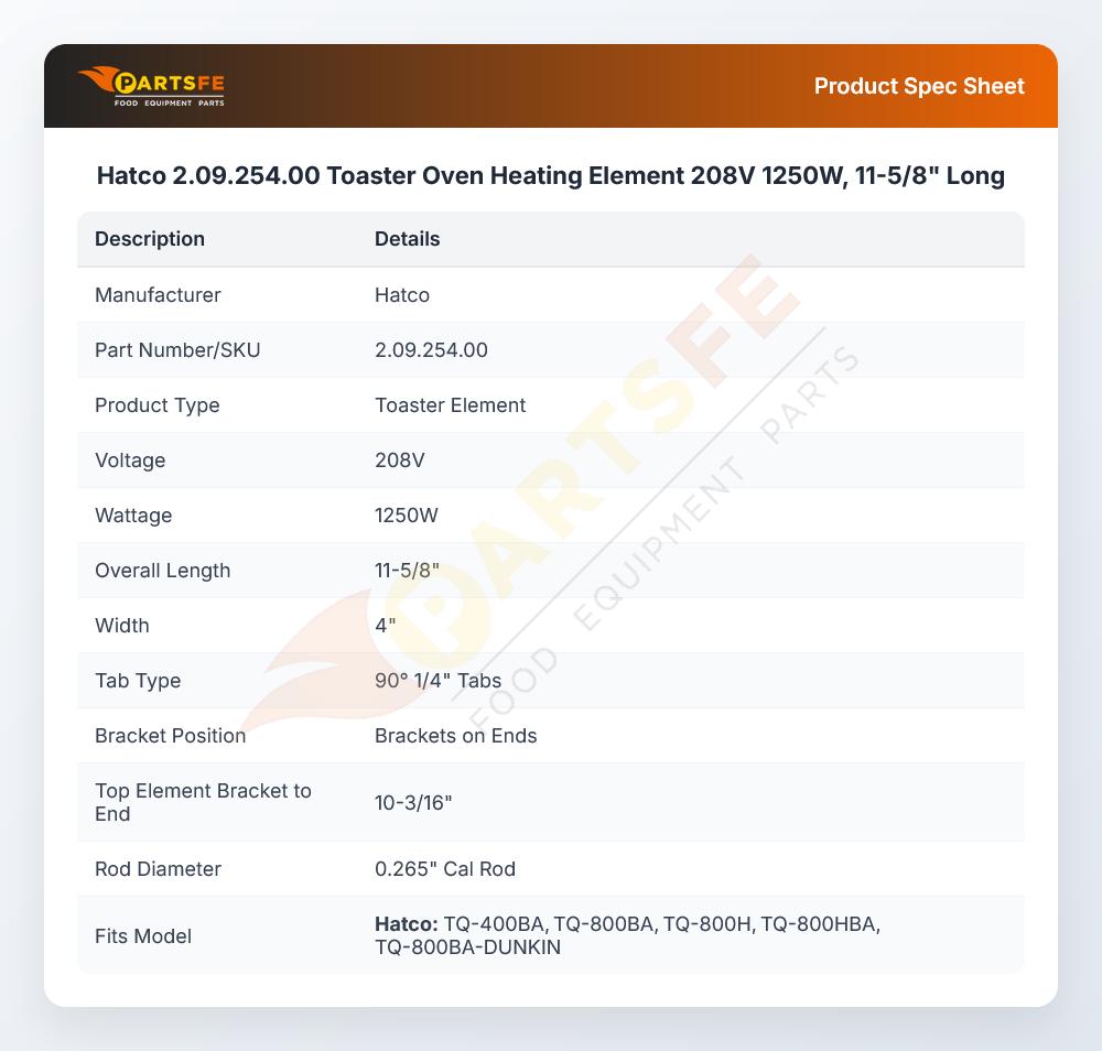 Hatco 2.09.254.00 Toaster Oven Heating Element 208V 1250W, 11-5/8" Long