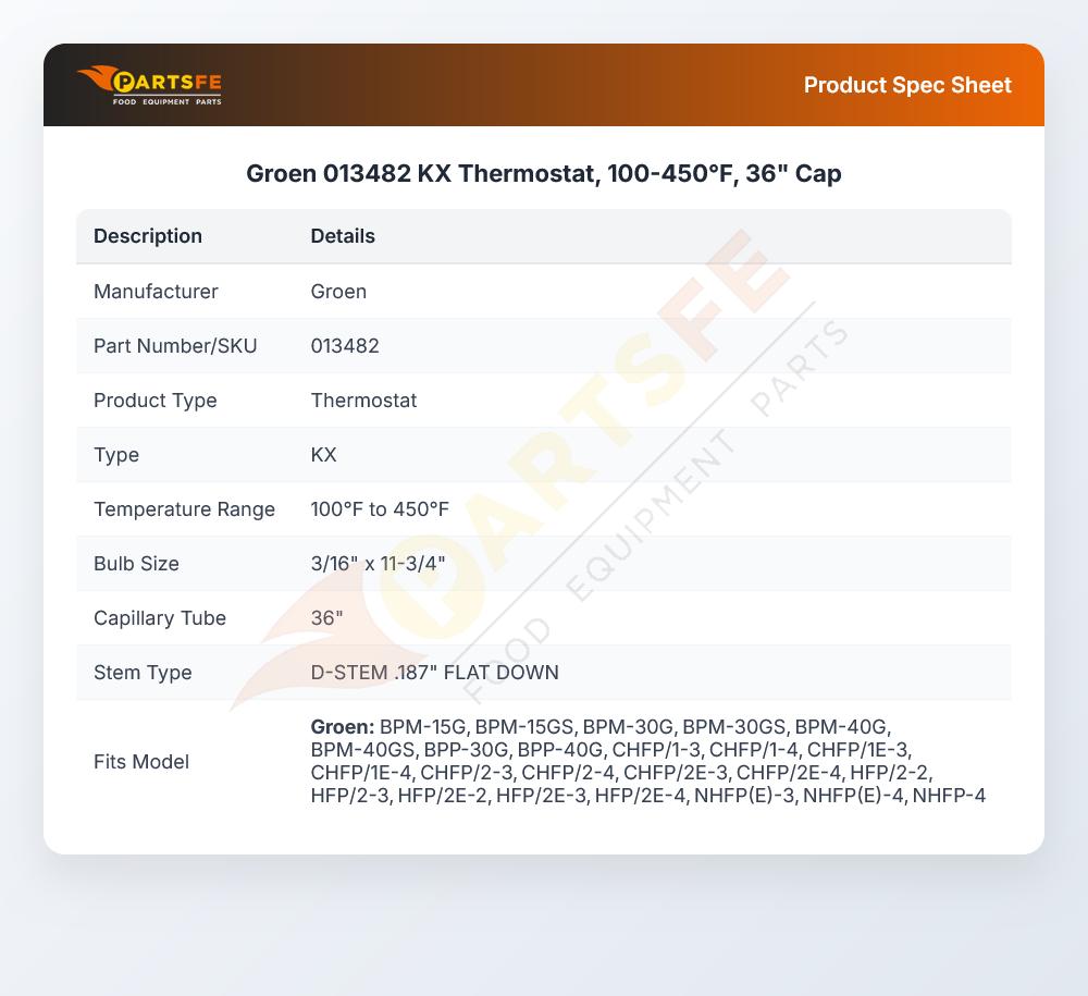 Groen 013482 KX Thermostat 100-450&deg;F 36" CAP