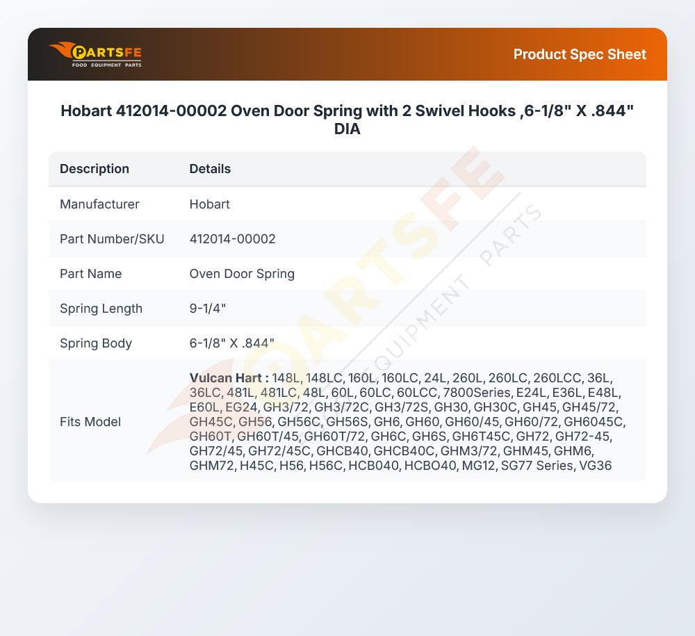 Hobart 412014-00002 Oven Door Spring with 2 Swivel Hooks ,6-1/8" X .844" DIA