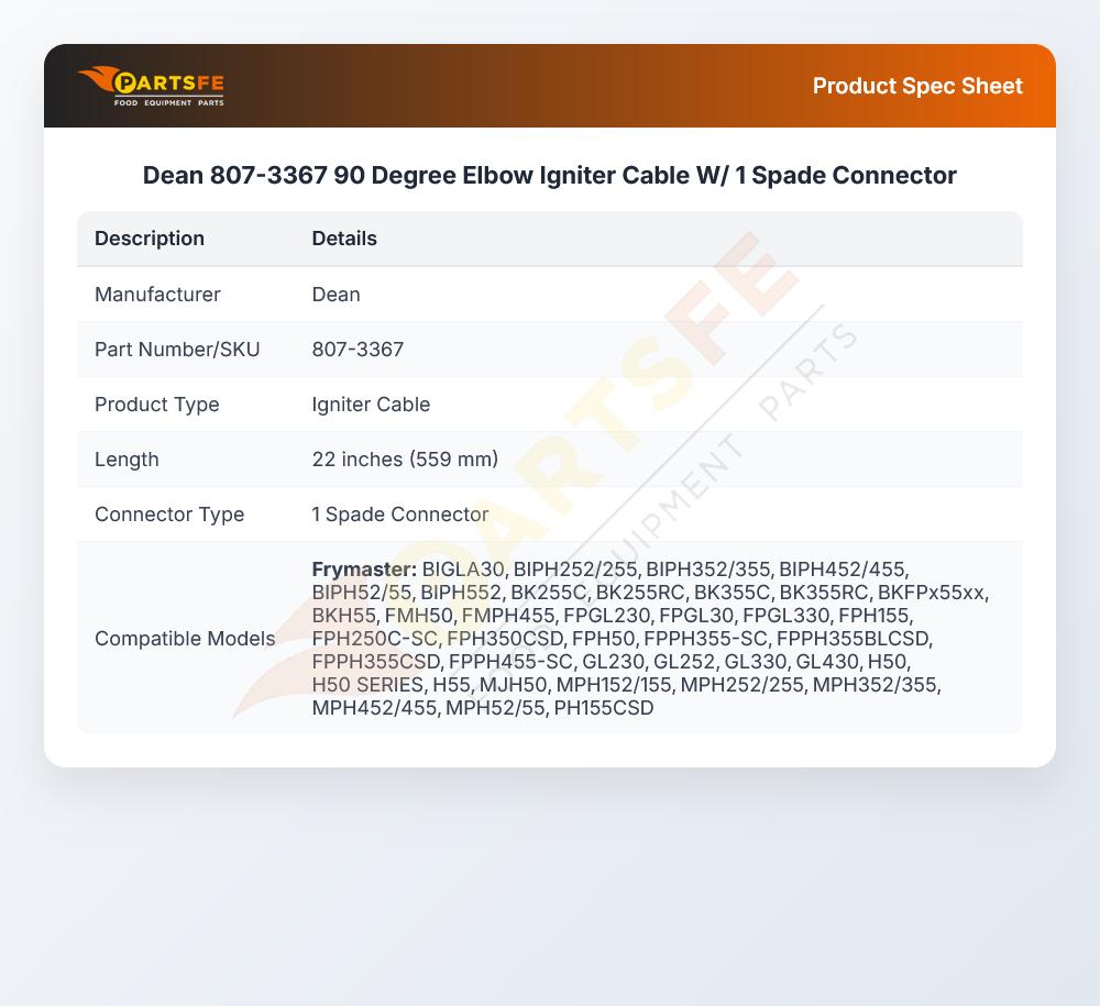 Dean 807-3367 90 Degree Elbow Igniter Cable W/ 1 Spade Connector