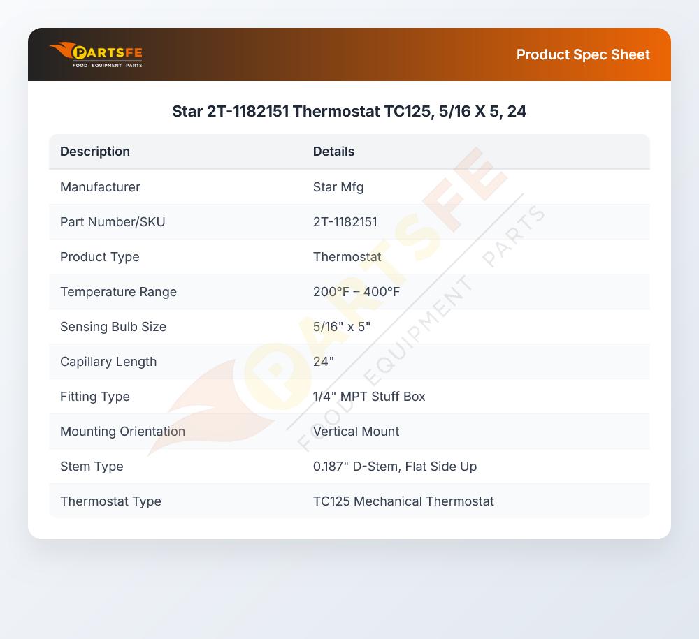 Star Mfg 2T-1182151 Thermostat TC125 5/16" DIA X 5"L X 24" Capillary