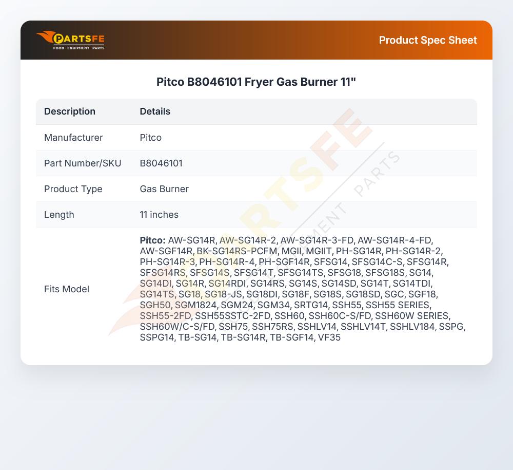 Pitco B8046101 Fryer Gas Burner 11"