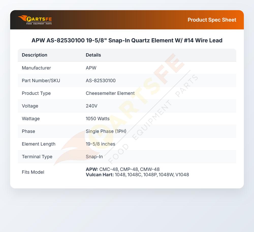 APW AS-82530100 Quartz Element 19-5/8" 1050W 240V Snap-In