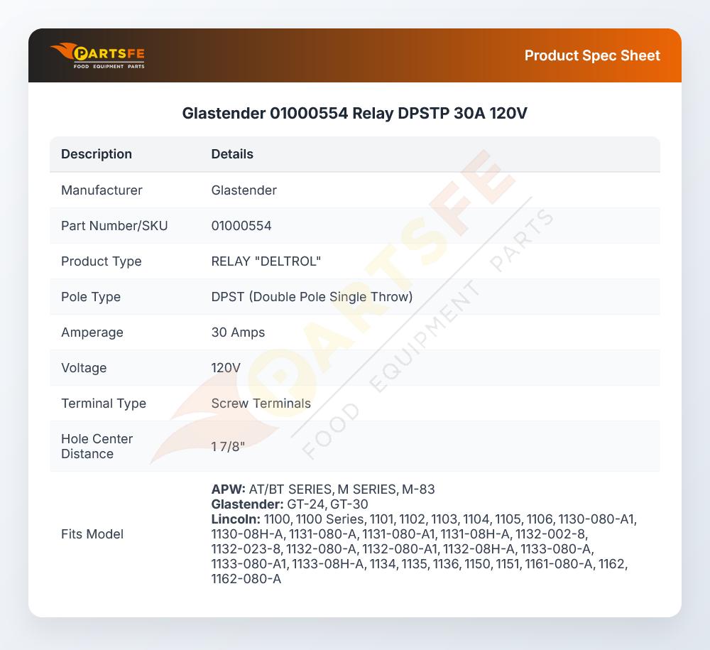 Glastender 01000554 Relay DPSTP 30A 120V
