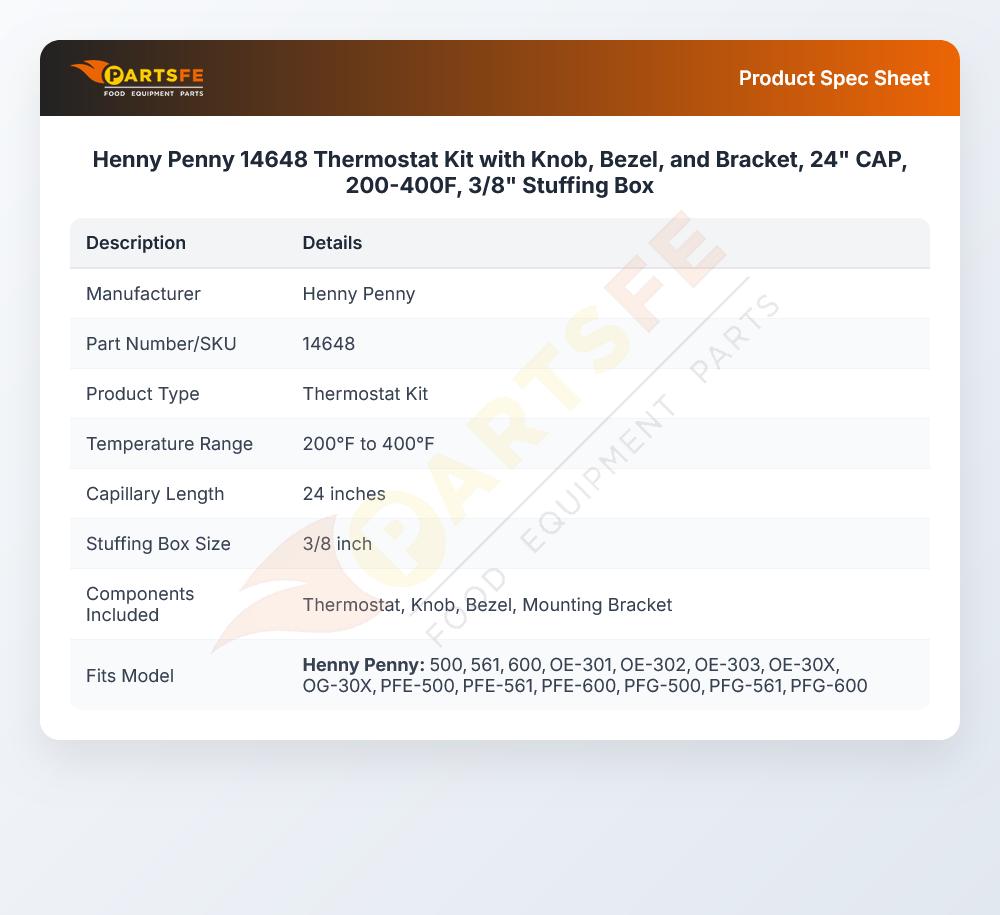 Henny Penny 14648 Thermostat Kit with Knob, Bezel, and Bracket,  24" CAP, 200-400F, 3/8" Stuffing Box