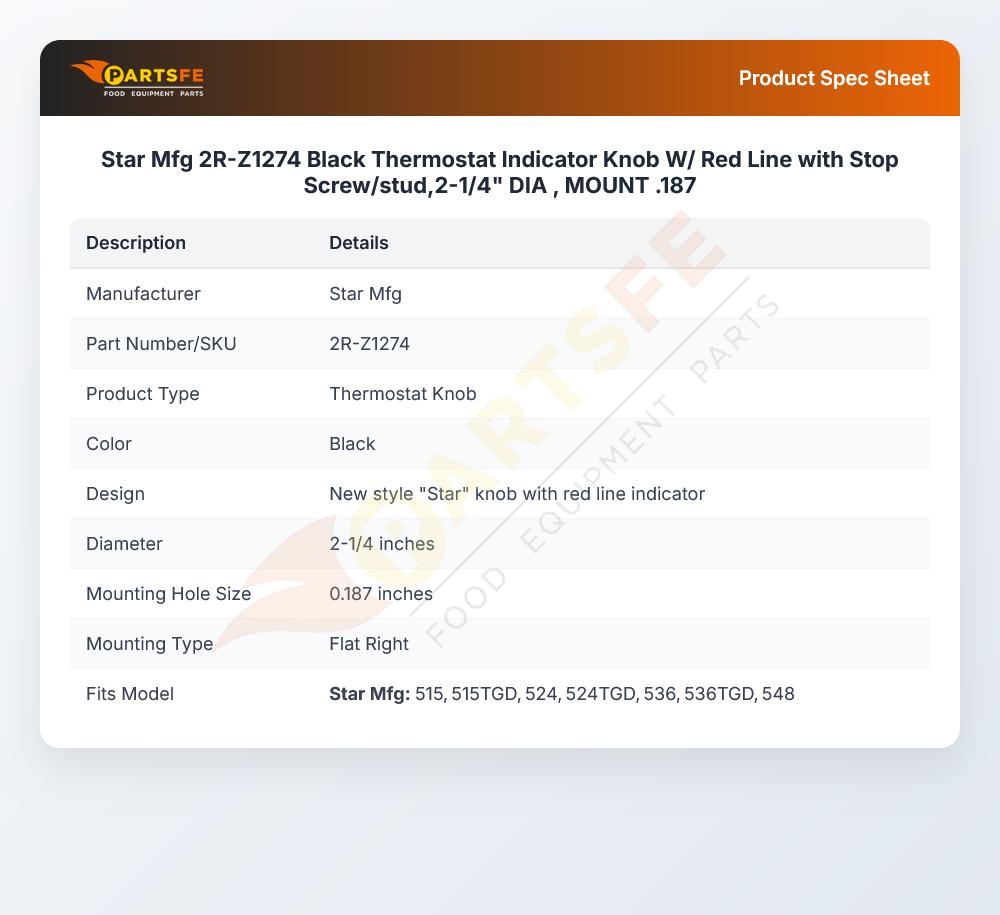 Star Mfg 2R-Z1274 Thermostat Indicator Knob W/Red Line & Stop Black Screw/Stud 2-1/4" DIA MOUNT 0.187"