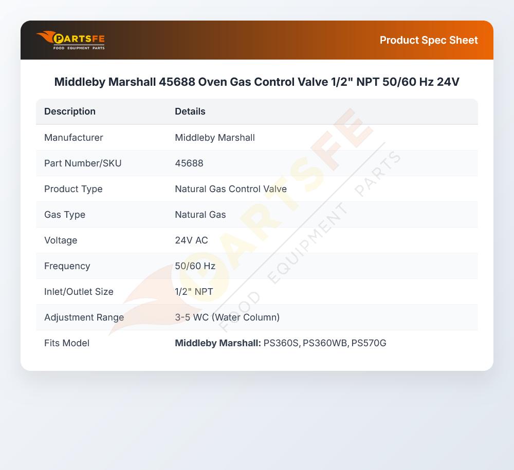 Middleby Marshall 45688 Oven Gas Control Valve 1/2" NPT 50/60 Hz 24V