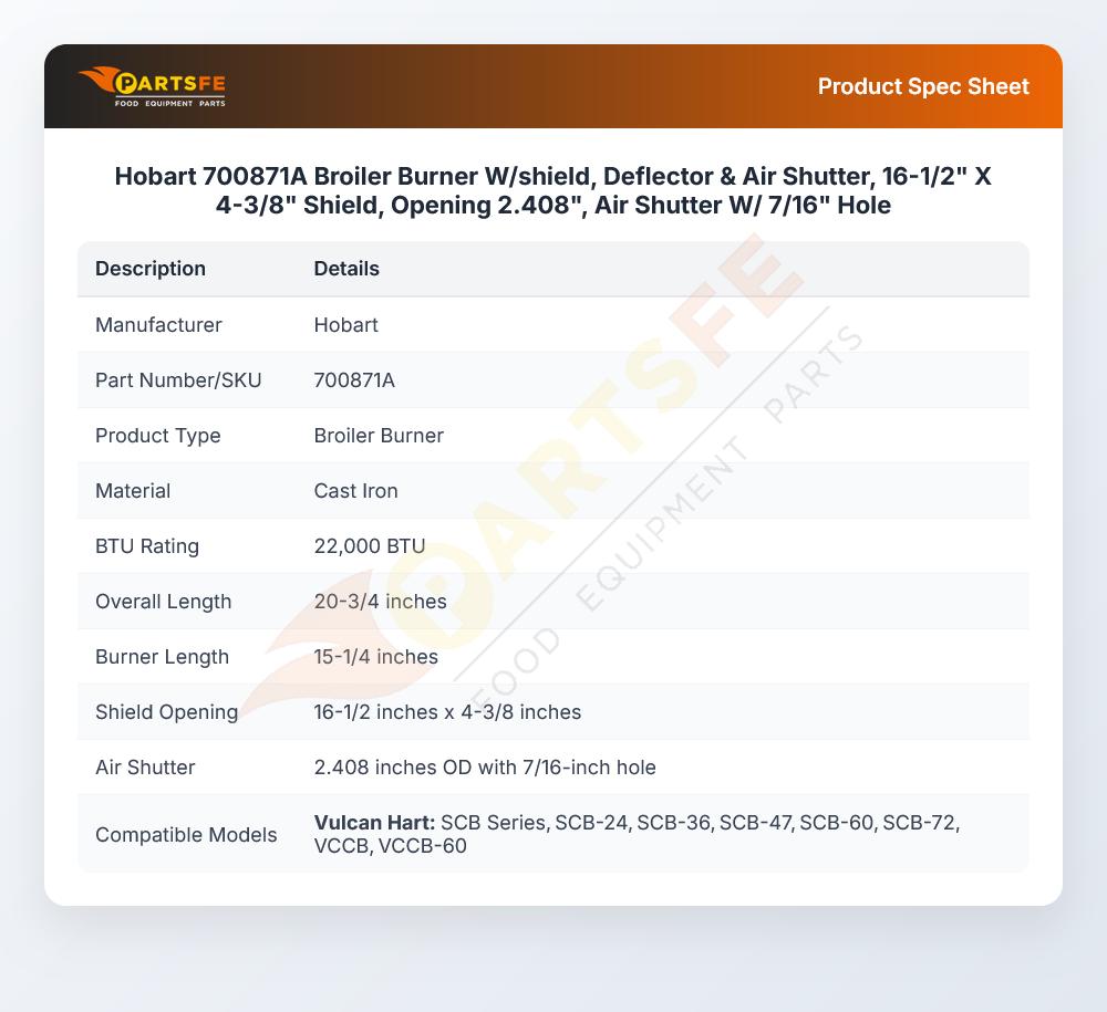 Hobart 700871A Broiler Burner W/shield Deflector & Air Shutter 16-1/2" X 4-3/8" 2.408" Opening 7/16" Hole