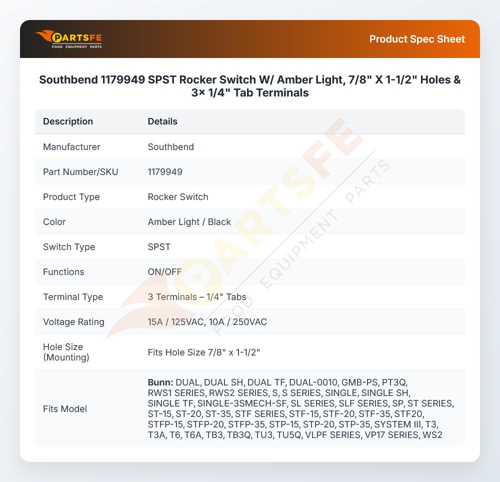 Southbend 1179949 Oven Rocker Switch W/Amber Light 7/8" X 1-1/2" Holes & 3x 1/4" Tab Terminals SPST