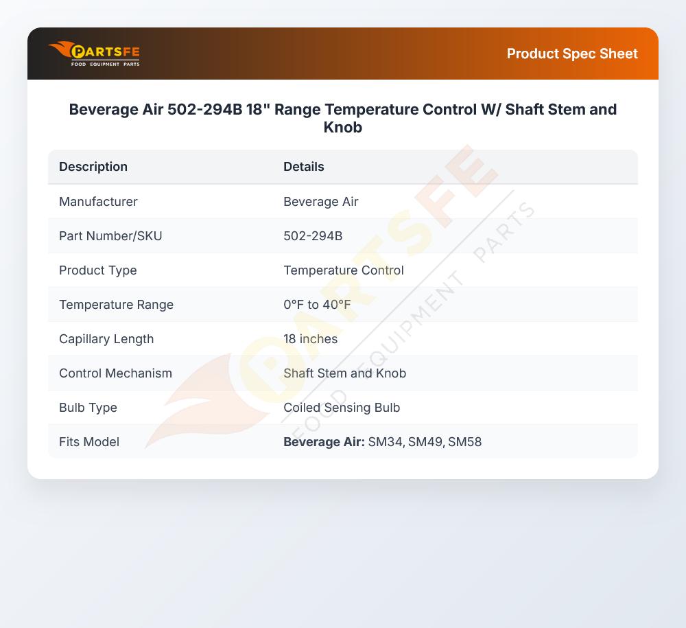 Beverage Air 502-294B 18" Range Temperature Control W/ Shaft Stem and Knob